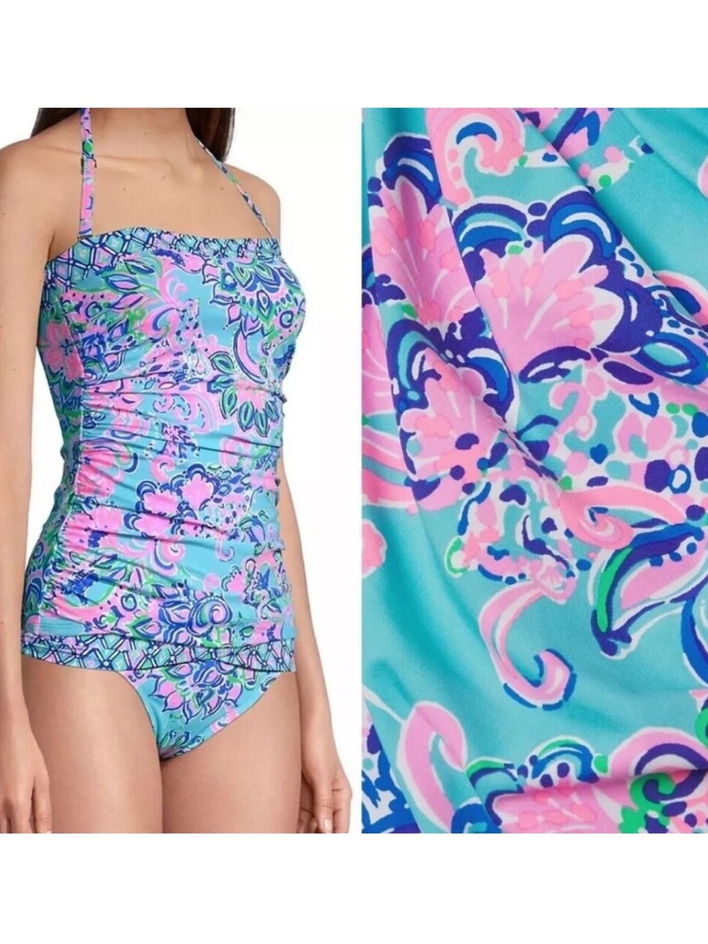 Lilly Pulitzer Turquoise Pink Floral Bandeau Tankini - Picture 2 of 6